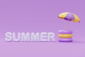 Summer time concept with inflatable ring and beach umbrella on purple background, 3d rendering. photo