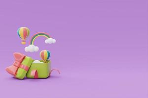 Opened gift box with colorful hot air ballon and rainbow floating on purple background, Summer time concept, 3d rendering. photo