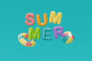 concepto de horario de verano con texto de globo colorido de elementos de verano y playa sobre fondo azul, representación 3d. foto
