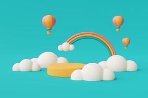 3d rendering of Summer vacation concept,colorfull podium display with hot air balloon,clouds and rainbow ,minimal style.3d render. photo