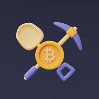 concepto de minería bitcoin con pico, pala y moneda bitcoin dorada, criptomoneda, tecnología de cadena de bloques, estilo minimalista. Representación 3d. foto