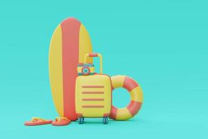 3d rendering of summer vacation concept with suitcase and summer elements,minimal style.3d render. photo