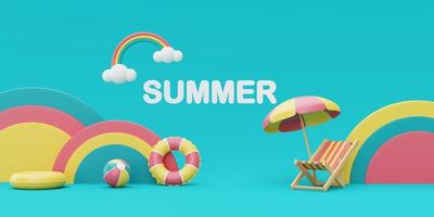 Representación 3d del concepto de vacaciones de verano, pantalla de podio colorida con elementos de verano, nubes y arco iris, estilo minimalista. Representación 3d. foto