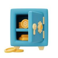 Representación 3d de caja fuerte azul con moneda de dólar y lingotes de oro aislados en fondo claro, concepto de ahorro de dinero, inversión financiera empresarial. Estilo minimalista. Representación 3d. foto