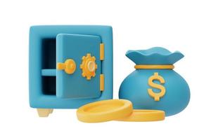 3d render of blue safe box with golden coin and money bag isolated on light background,money saving concept,Business financial investment.minimal style.3d rendering. photo