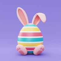 huevos de pascua coloridos con orejas de conejo sobre fondo púrpura, feliz concepto de vacaciones de pascua. estilo minimalista, representación 3d. foto