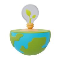 feliz día de la tierra, globo mundial con planta joven y bombilla, salvar el planeta y el concepto de energía, desarrollo de energía sostenible, renderizado 3d. foto