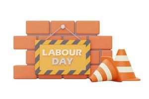 Brick wall with Under construction sign and traffic cone,Construction tools,Happy labour day.3d rendering photo