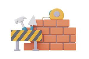 Brick wall with Under construction sign and Construction tools,Happy labour day.3d rendering photo