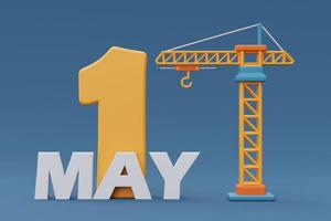 Happy labour day with yellow tower crane on blue background,Construction tools and equipment.3d rendering photo