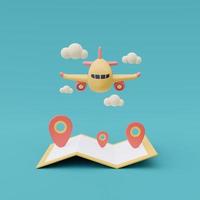 Yellow airplane with  location pin ,Online travel and tourism planning concept,holiday vacation,Ready for travel.3d render. photo