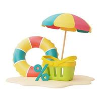 venta de verano con anillo inflable colorido y cesta de compras aislada sobre fondo blanco, elementos de playa de verano, renderizado 3d. foto