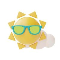 sol con gafas de sol y nubes aisladas sobre fondo blanco, elementos de verano, representación 3d. foto