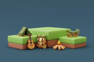 3d render of empty product podium with camping equipment on blue background,Summer camping concept,holiday vacation .minimal style. photo