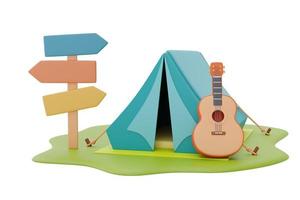 tienda de campaña turística con guitarra y poste indicador en el lugar de acampada, concepto de campamento de verano, representación 3d. foto