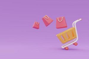 Shopping cart with bags, Flash sale promotions concept on purple background, 3d rendering. photo