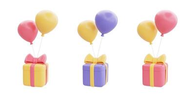 Set of 3d gift boxes with balloon floating isolated on white background, Great discount and sale promotion concept object collection, 3d rendering. photo