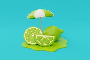 Slice of lemon with beach umbrella isolate on blue background, summer fruits, 3d rendering. photo