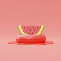 rebanada de sandía con anillo inflable aislado sobre fondo rojo, frutas de verano, renderizado 3d. foto