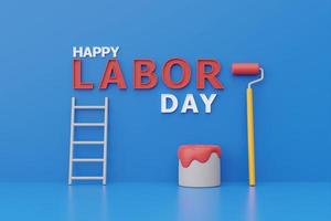 Happy labor day usa concept with paint brush, construction tools on blue background, 3d rendering photo