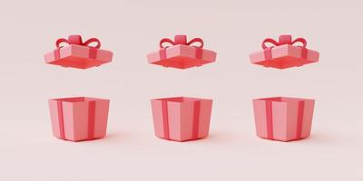 3d render of open pink gift boxes with ribbons isolated on pastel background,valentine's day sale concept,minimal style. photo