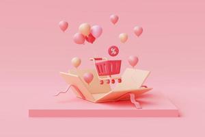 3d renderizado de cajas de regalo rosas abiertas con carrito de compras sobre fondo pastel, concepto de venta del día de san valentín, estilo minimalista. foto