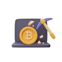 concepto de minería de bitcoin con piqueta, moneda de bitcoin y computadora portátil, criptomoneda, servicios de tecnología de cadena de bloques, estilo minimalista.Representación 3d. foto