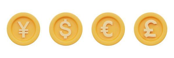 Set of the most popular currency coins with dollar,euro,pound,yen,yuan sign isolated on white background,Business,finance or currency exchange concept,minimal style.3d rendering. photo