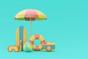 Representación 3d del concepto de vacaciones de verano con tabla de surf y elementos de verano, estilo minimalista.3d render. foto