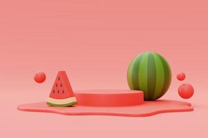 3d rendering of watermelon isolated with podium display on red background,summer vacation concept,summer elements,minimal style.3d render. photo