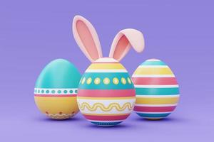 huevos de pascua coloridos con orejas de conejo sobre fondo púrpura, feliz concepto de vacaciones de pascua. estilo minimalista, representación 3d. foto