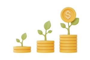 inversiones financieras concepto de crecimiento de ingresos futuros con pilas de monedas en dólares y plantas, ahorro de dinero o aumento de intereses, representación 3d foto