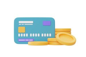 servicio de devolución de efectivo en línea o concepto de pago digital con tarjetas de crédito azules y monedas en dólares, representación 3d foto