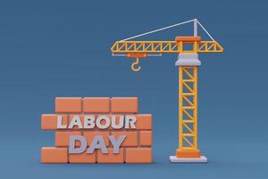 Happy labour day with yellow tower crane and brick wall on blue background,Construction tools and equipment.3d rendering photo