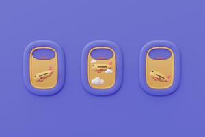 Render 3d de la ventana del avión con avión en el cielo, turismo y concepto de viaje, vacaciones de vacaciones. estilo minimalista. foto