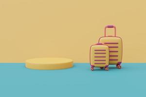 3d render of round podium stage and yellow suitcases  with copy spce for showing or presentation ,minimal style. photo