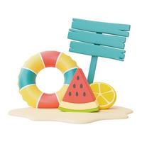 anillo inflable colorido, frutas y cartel aislado sobre fondo blanco, elementos de playa de verano, representación 3d. foto