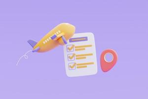 Tourism and travel plan to trip concept with yellow airplane and checklist,Time to travel concept,holiday vacation,3d rendering photo