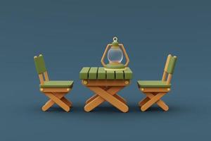 mesa de madera con linterna aislada sobre fondo azul para campamento de verano, concepto de vacaciones. estilo minimalista. Representación 3d. foto