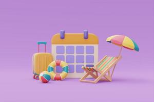 concepto de tiempo para viajar, calendario con maleta y elemento de playa de verano, turismo y plan de viaje para viajar, representación 3d foto