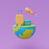 turismo y plan de viaje para viajar concepto con maleta amarilla y avión en globo, vacaciones, tiempo para viajar, renderizado 3d foto