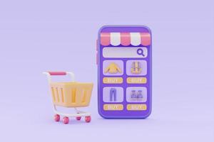 tienda de compras en línea en smartphone con carrito de compras en fondo púrpura, renderizado 3d. foto