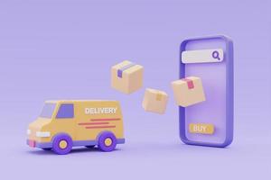servicio de entrega en línea en smartphone, furgoneta de entrega con cajas de paquetes sobre fondo morado, renderizado 3d. foto
