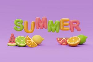 coloridas frutas de verano con sandía, limón, naranja, concepto de horario de verano, representación 3d. foto