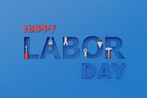 Happy labor day usa concept with construction tools and equipment on blue background, 3d rendering photo