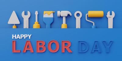 Happy labor day usa concept with construction tools and equipment on blue background, 3d rendering photo