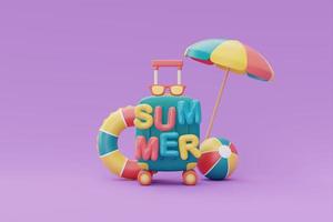 concepto de horario de verano con maleta y coloridos elementos de playa de verano sobre fondo morado, representación 3d. foto