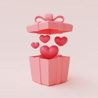 Representación 3d de cajas de regalo rosas abiertas con corazón rojo aislado en fondo pastel, concepto de venta del día de San Valentín, estilo minimalista. foto