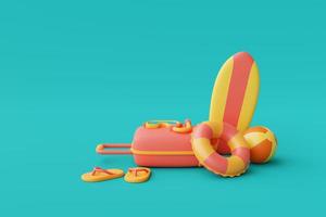 3d rendering of summer vacation concept with suitcase and colorfull summer elements,minimal style.3d render. photo