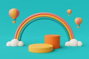 3d rendering of Summer vacation concept,colorfull podium display with hot air balloon,clouds and rainbow ,minimal style.3d render. photo